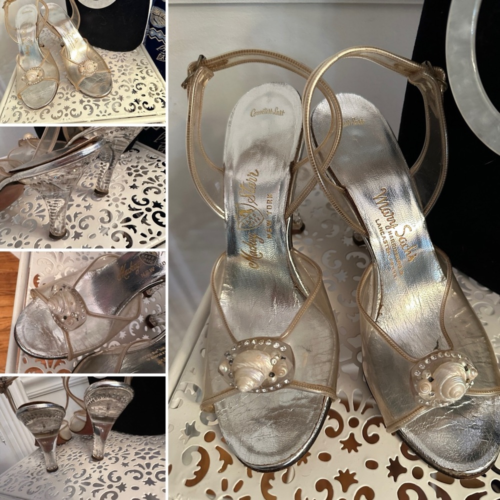 Women's vintage designer 1950s seashell sandals w/ lucite and rhinestones detail
